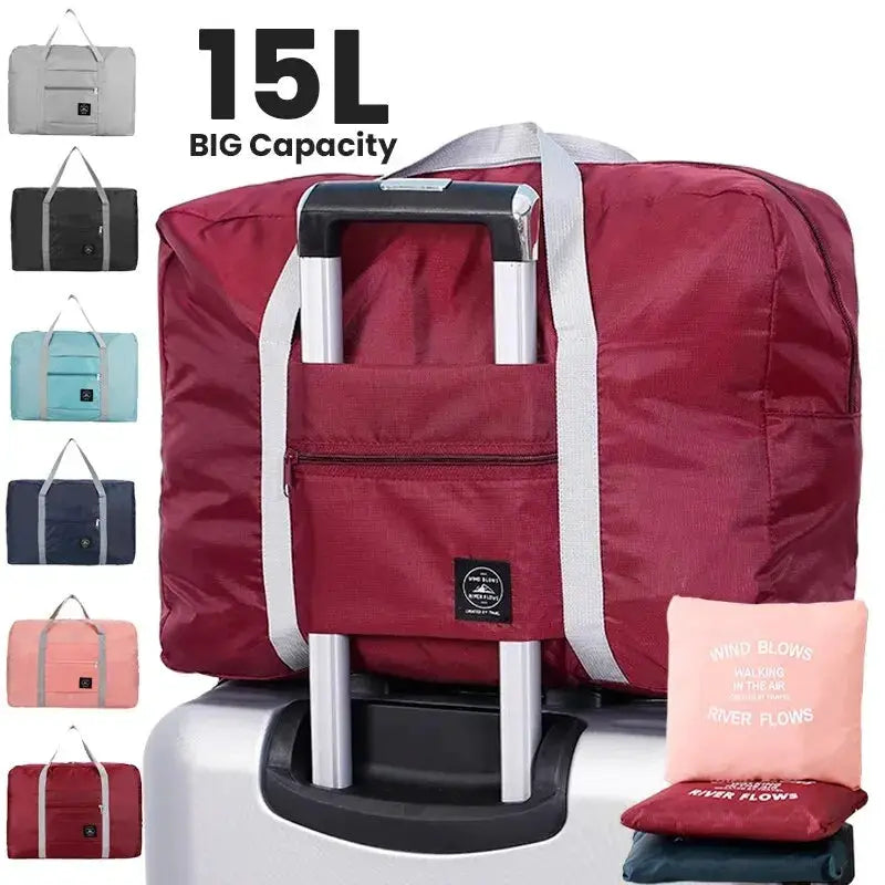 Simples Market foldable travel duffel bag 15L carry-on in maroon with white straps, shown in 7 color options.