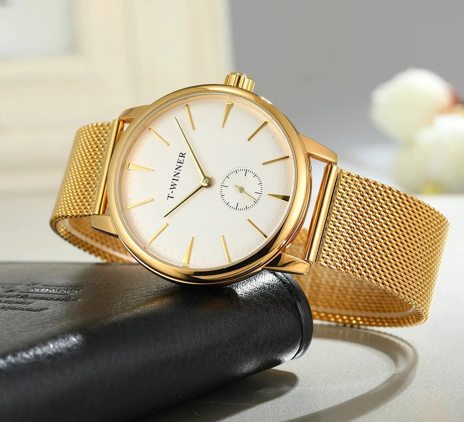WINNER gold-tone mesh strap wristwatch with white dial and minimalist indices