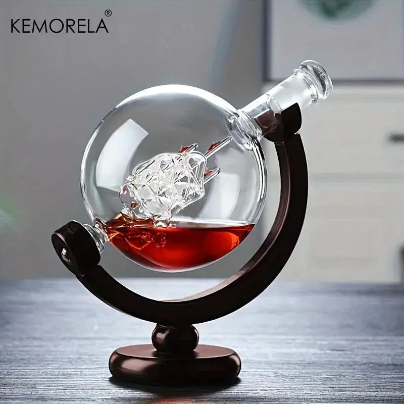 900ML Globe Decanter Set With Lead Free Carafe Wood Stand And Two Glasses Whiskey Gift