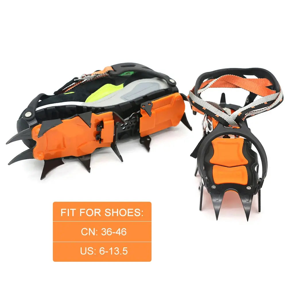 Simples Market 12-tooth ice crampons for shoes, orange/black with stainless steel spikes, fits US 6–13.5, pair