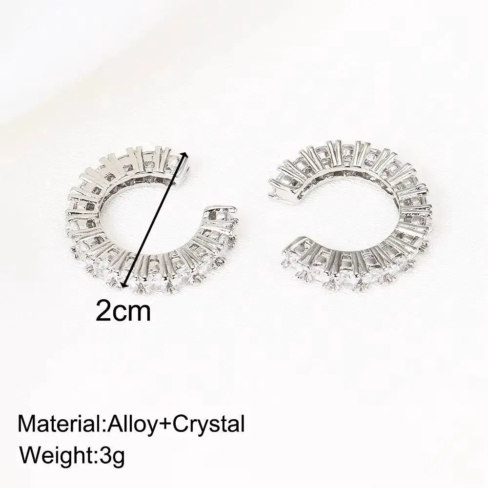 2-piece silver alloy rhinestone ear cuffs with zircon crystals, C-shape ear wraps, 2 cm diameter