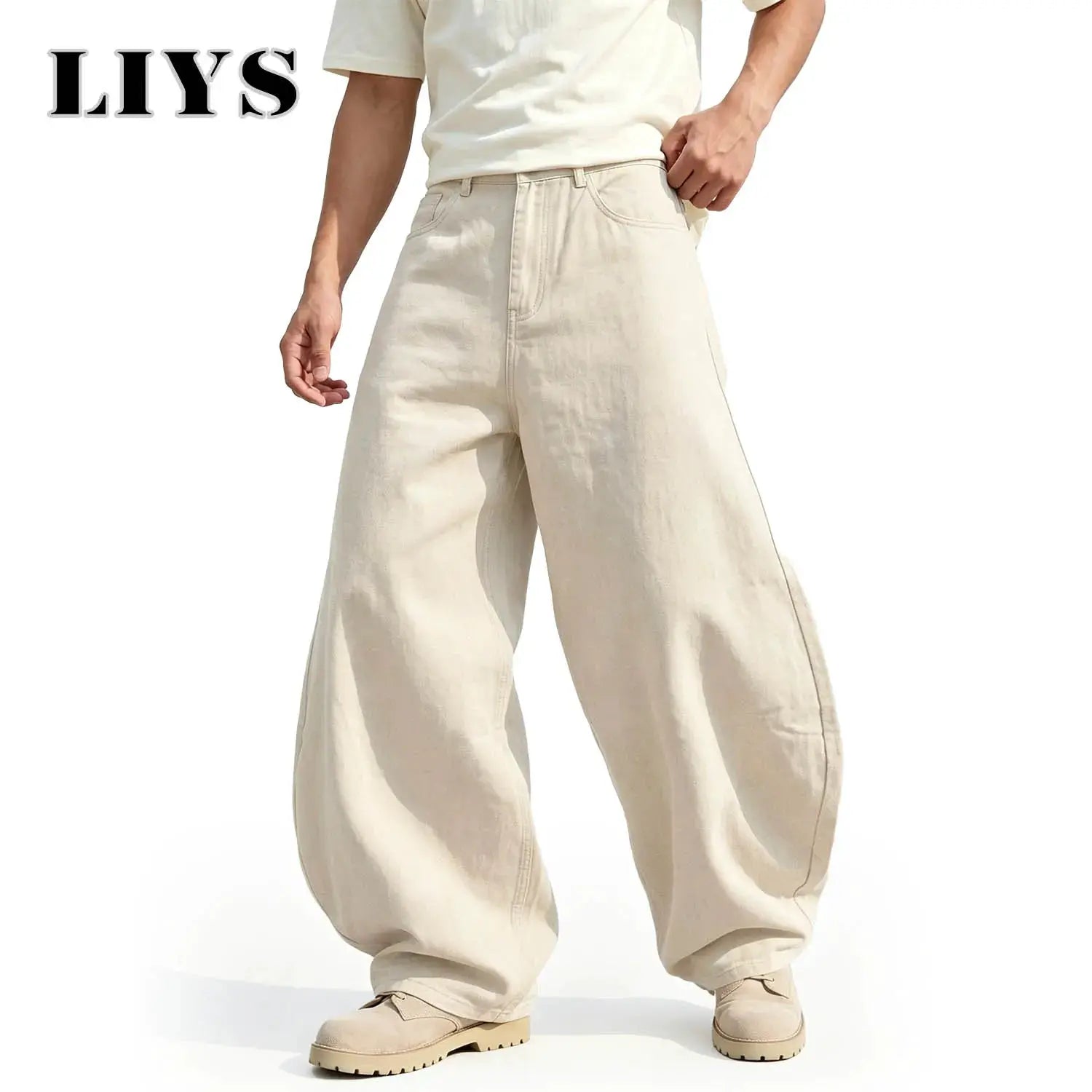 LIYS men's beige loose wide-leg high-waisted denim pants