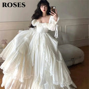 Roses White Square Neck Dress With Puff Sleeves And Tiered Ruffles