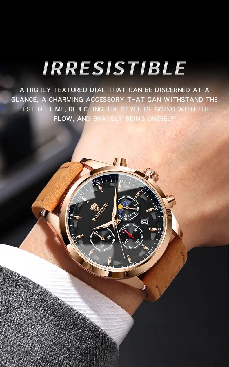 BINBOND men's wristwatch with quartz chronograph, rose-gold case, black dial, and tan leather strap.