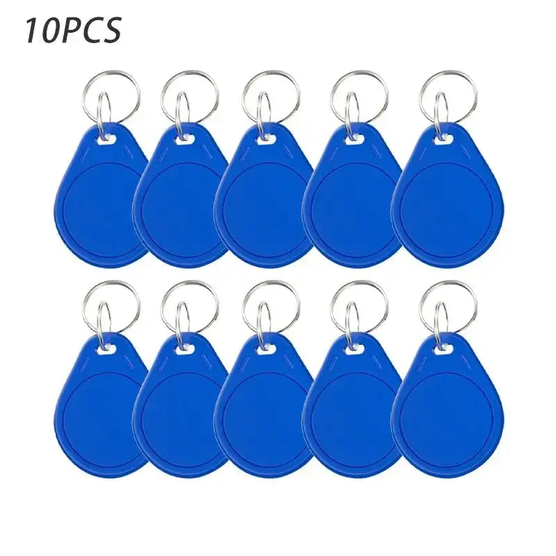 10-pack blue RFID key fob badges with metal rings for access control