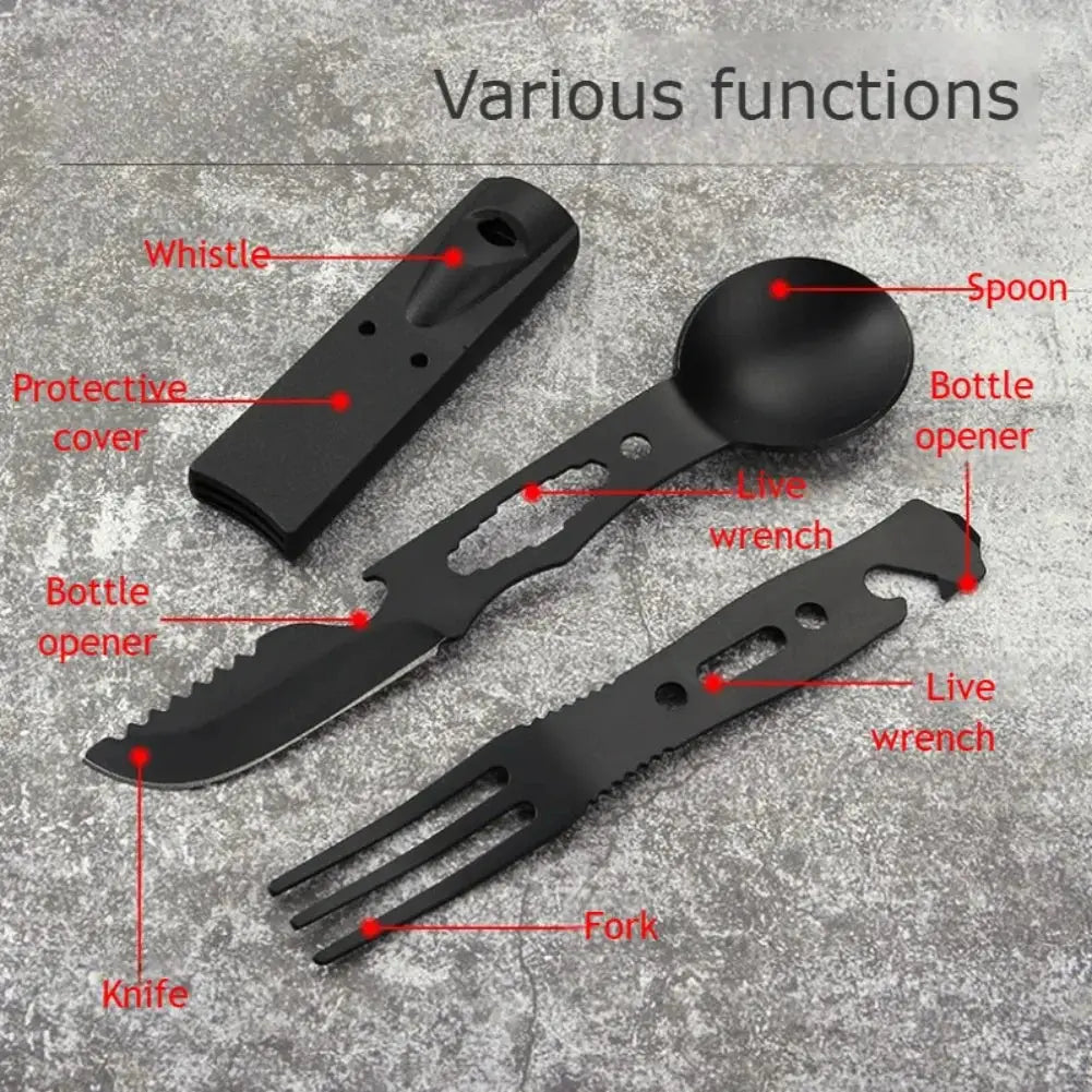 Portable stainless steel camping tool set by Simples Market with spoon, fork, bottle opener, whistle and knife (black)