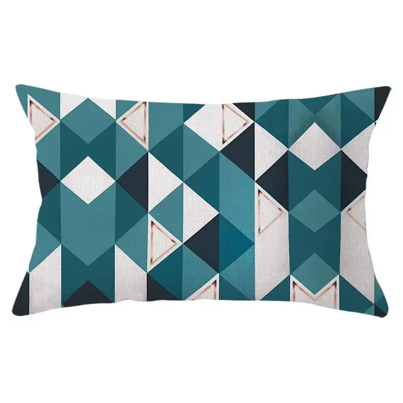 Rectangular decorative pillowcase with teal, navy, and white geometric diamond pattern on polyester