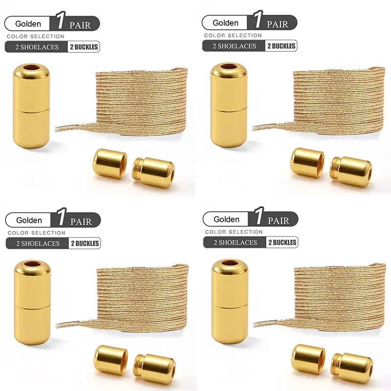 Simples Market golden no-tie elastic shoelace set, four-pack with gold tips and buckles
