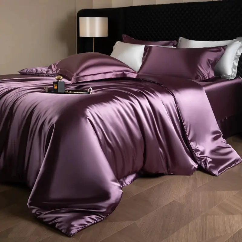 Simples Market silk bed sheet set in plum purple satin with duvet cover, fitted & flat sheets, pillowcases