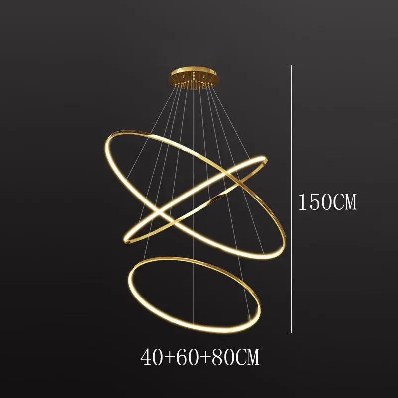 Modern LED pendant light with gold interlocking rings, by Simples Market, 150 cm tall