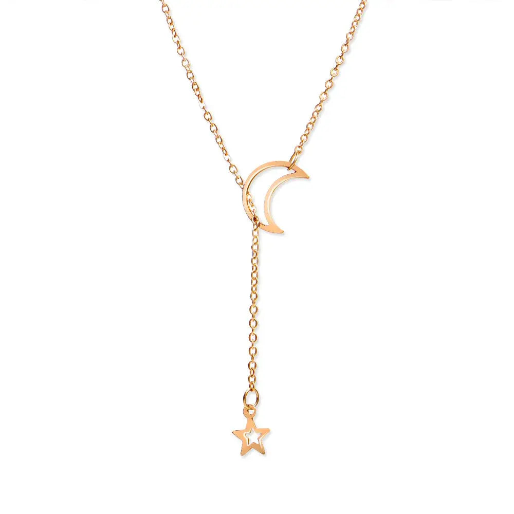 Moon and star pendant choker necklace, gold-tone alloy chain with two charms, for women party jewelry