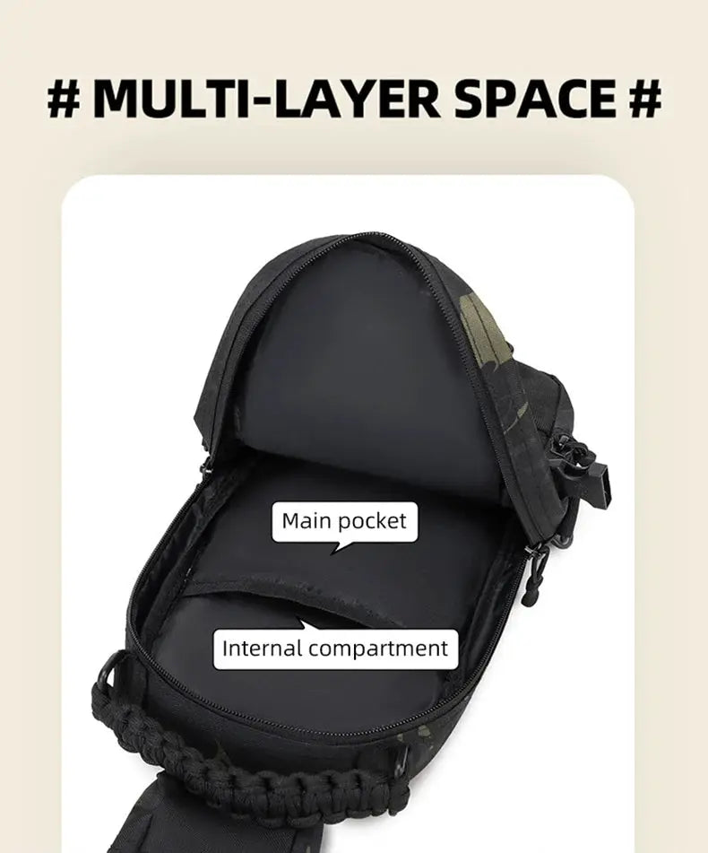 Tactical chest bag by Simples Market MOLLE sling, black outdoor fanny pack with main pocket and internal compartment.