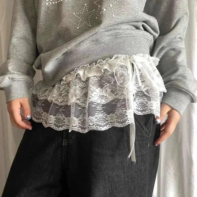Women's lace layered mini skirt with white floral lace and ruffles