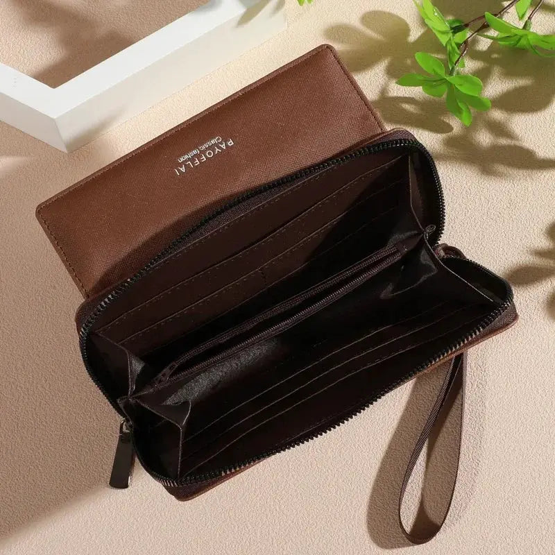 Classic men's faux leather wallet by Simples Market - brown, with snap closure and zippered card/photo compartment