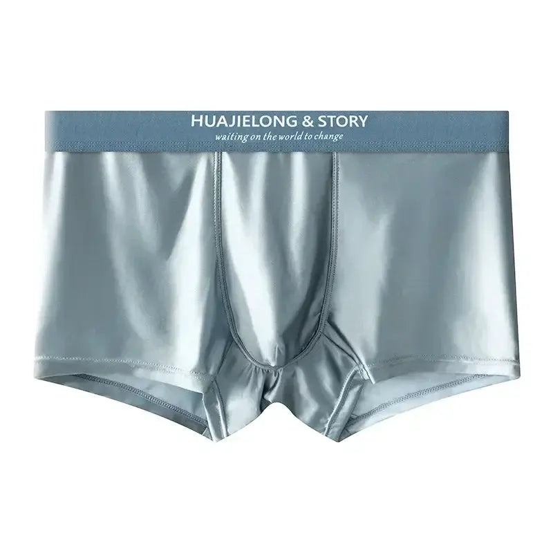Simples Market men's ice-silk boxer shorts in silver-gray with blue waistband