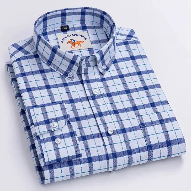 Casual pure cotton oxford shirt, long sleeve, blue and white plaid with button front, Simples Market.