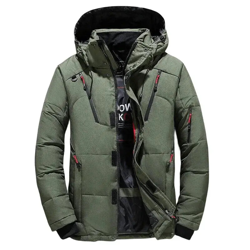 Simples Market men's olive green hooded down jacket, quilted puffer with zip pockets