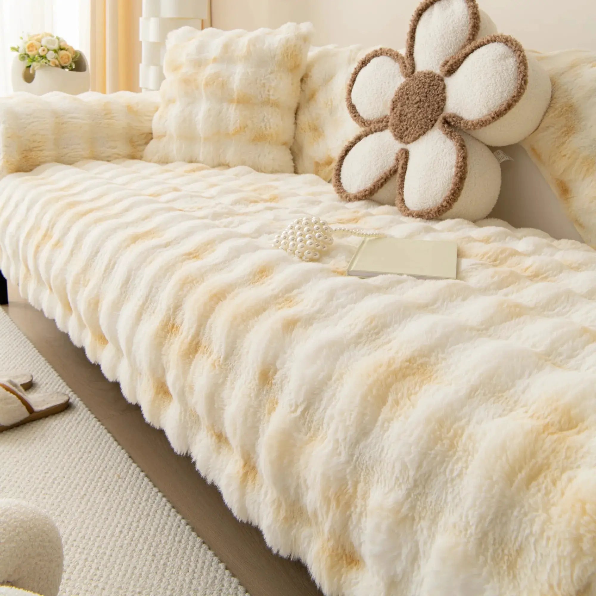 Faux rabbit fur plush throw blanket in cream beige for sofa or bed