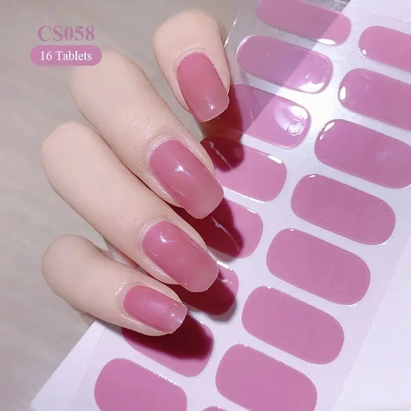 Full cover pink nail stickers; self-adhesive glossy nail art decals (16 pcs) for quick, salon-worthy manicure