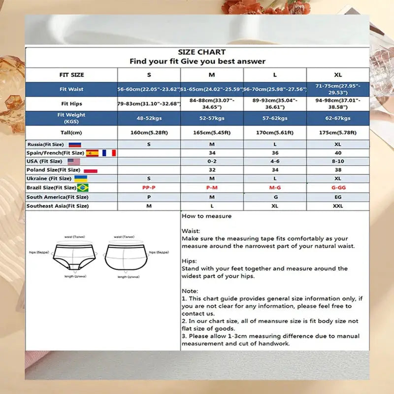 Simples Market 8Pcs Cotton Seamless Thongs size chart with waist and hip measurements for sizes S-XL.