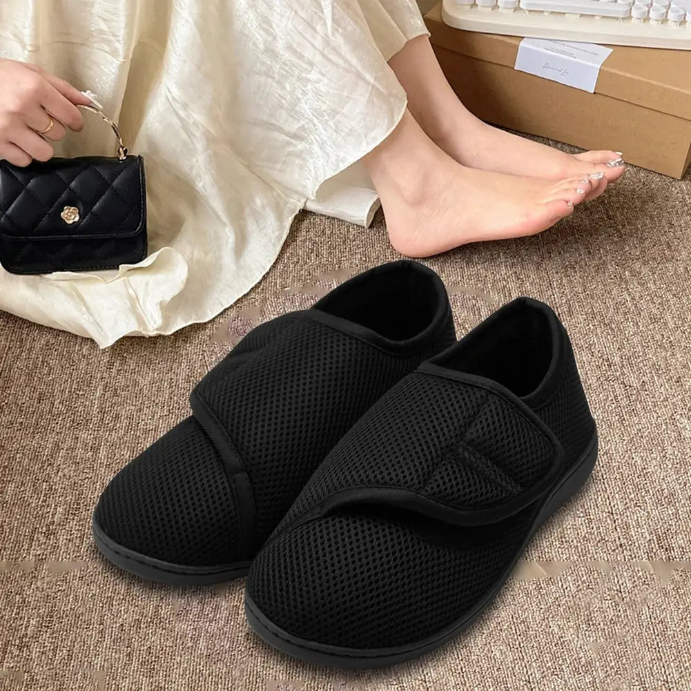 Unisex diabetic walking shoes, black mesh with Velcro strap, lightweight with plush lining