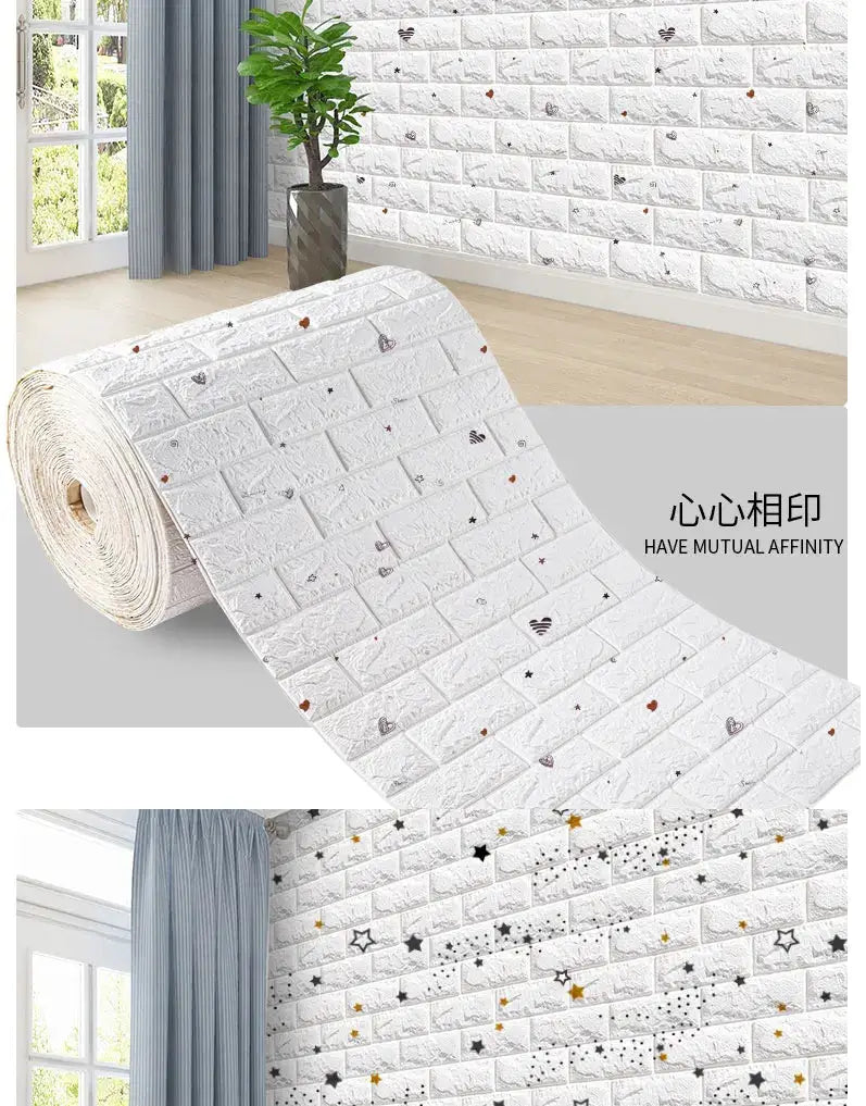 3D foam brick wall panels; self-adhesive, waterproof white brick texture with hearts and stars for living room decor