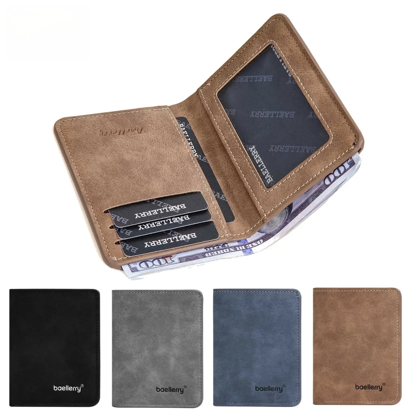 Baellerry leather bifold wallet with ID window and multiple card slots; brown