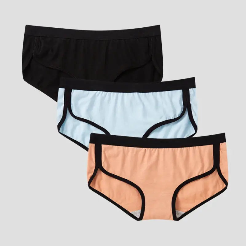 BANNIROU 3-pack women's cotton low-rise briefs in black, light blue, and peach by Simples Market
