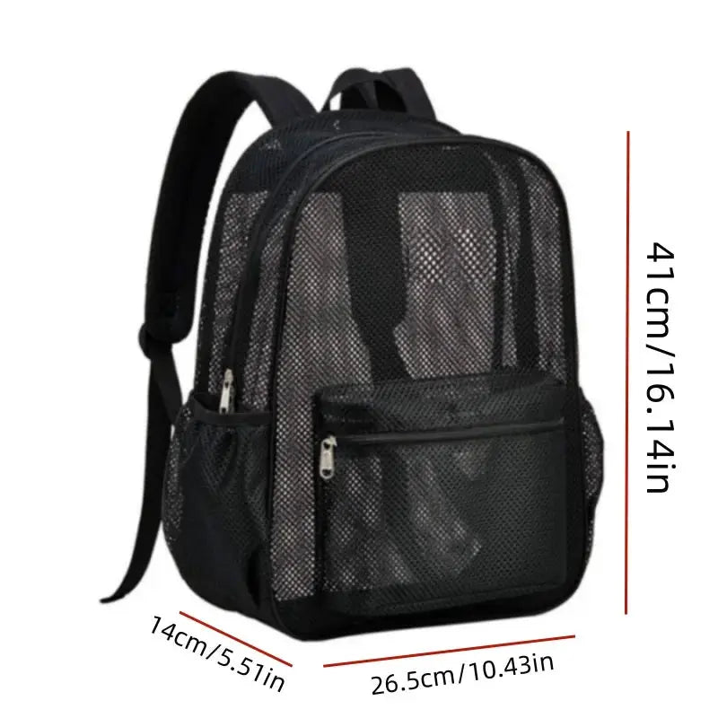 Women's mesh breathable backpack, black; lightweight outdoor travel bag with front zip pocket and side mesh pockets.
