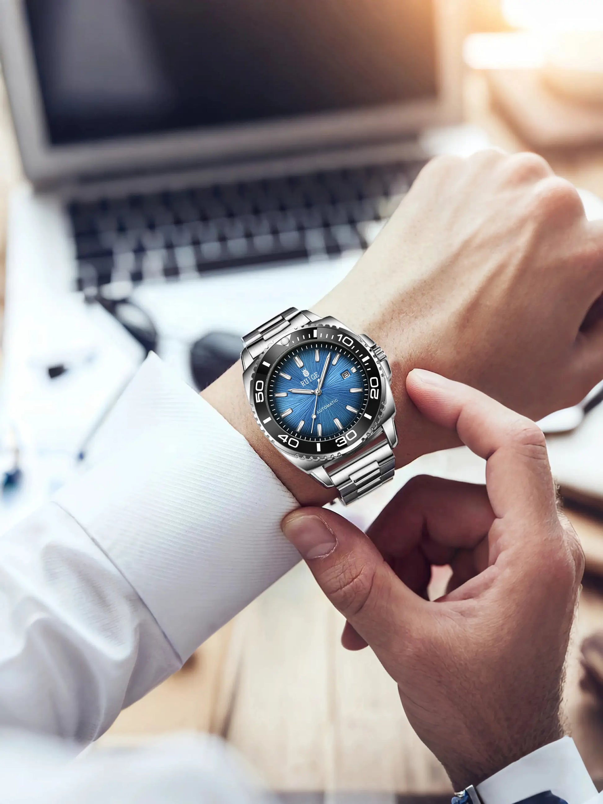 RUIGE men's automatic mechanical watch with blue dial and stainless steel bracelet