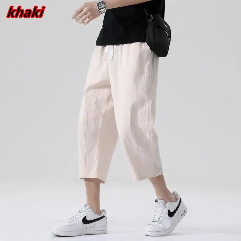 Men's summer casual linen shorts in light khaki with drawstring waist, lightweight and breathable