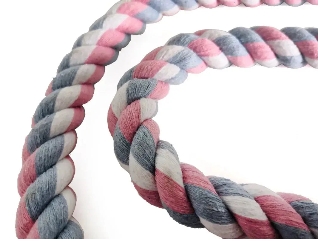 Bird rope toy for parrot by Simples Market with pink, gray and white twisted cotton for bird cage.