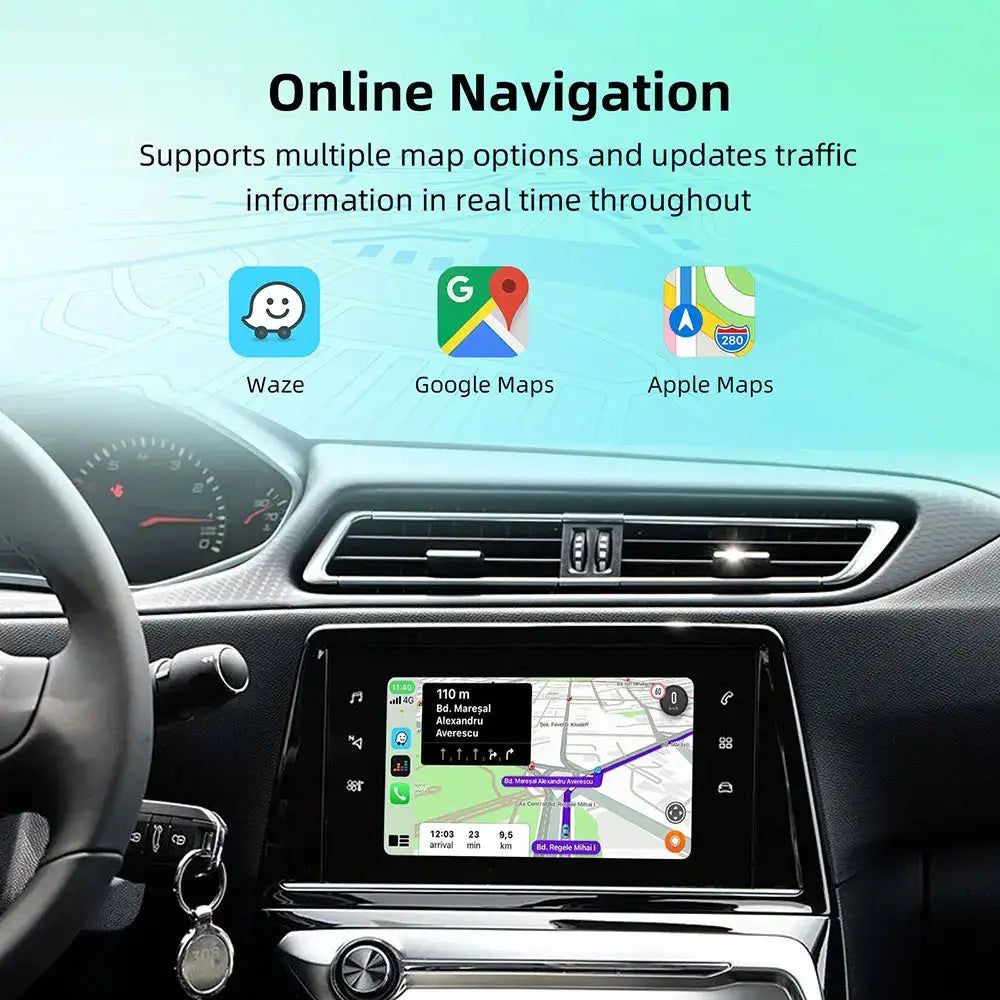Black wireless CarPlay/Android Auto multimedia unit for Peugeot/Citroën, touchscreen with Waze/Google Maps