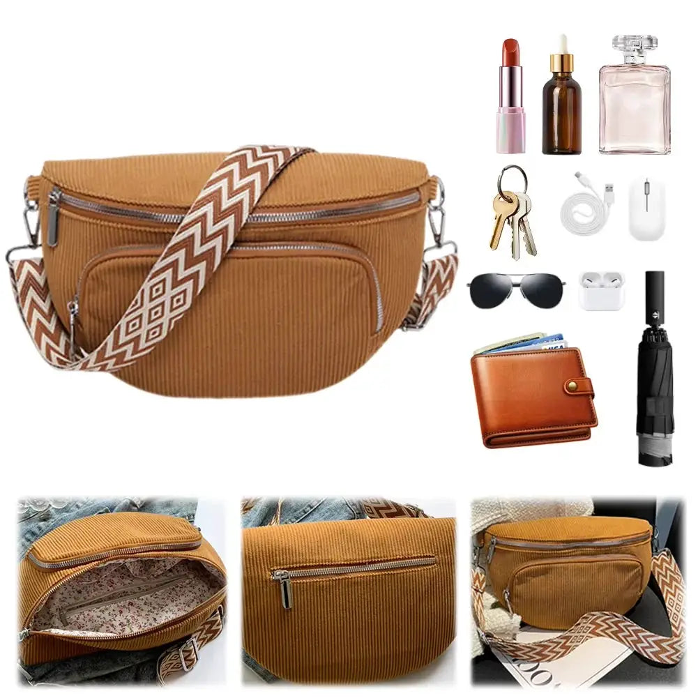 Simples Market corduroy chest bag fanny pack with wide chevron strap, brown multi-pocket waist bag