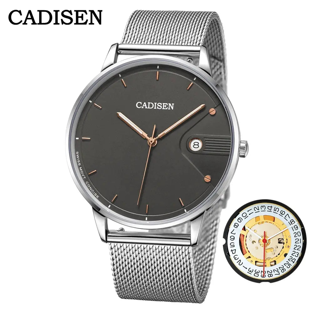 CADISEN Swiss Ronda 715 quartz watch with dark dial, rose-gold hands, and stainless steel Milano mesh strap
