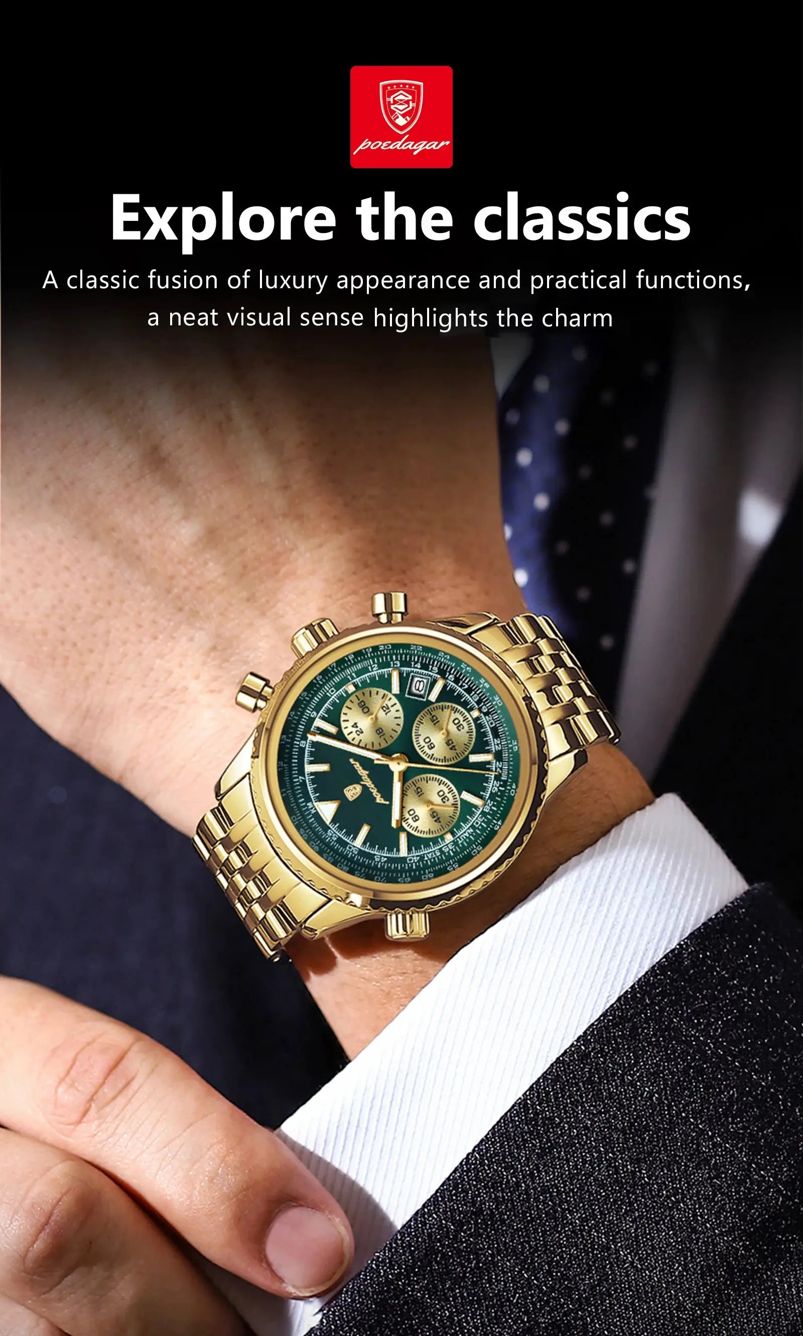 POEDAGAR men's luxury chronograph wristwatch with date, green dial and gold stainless steel bracelet