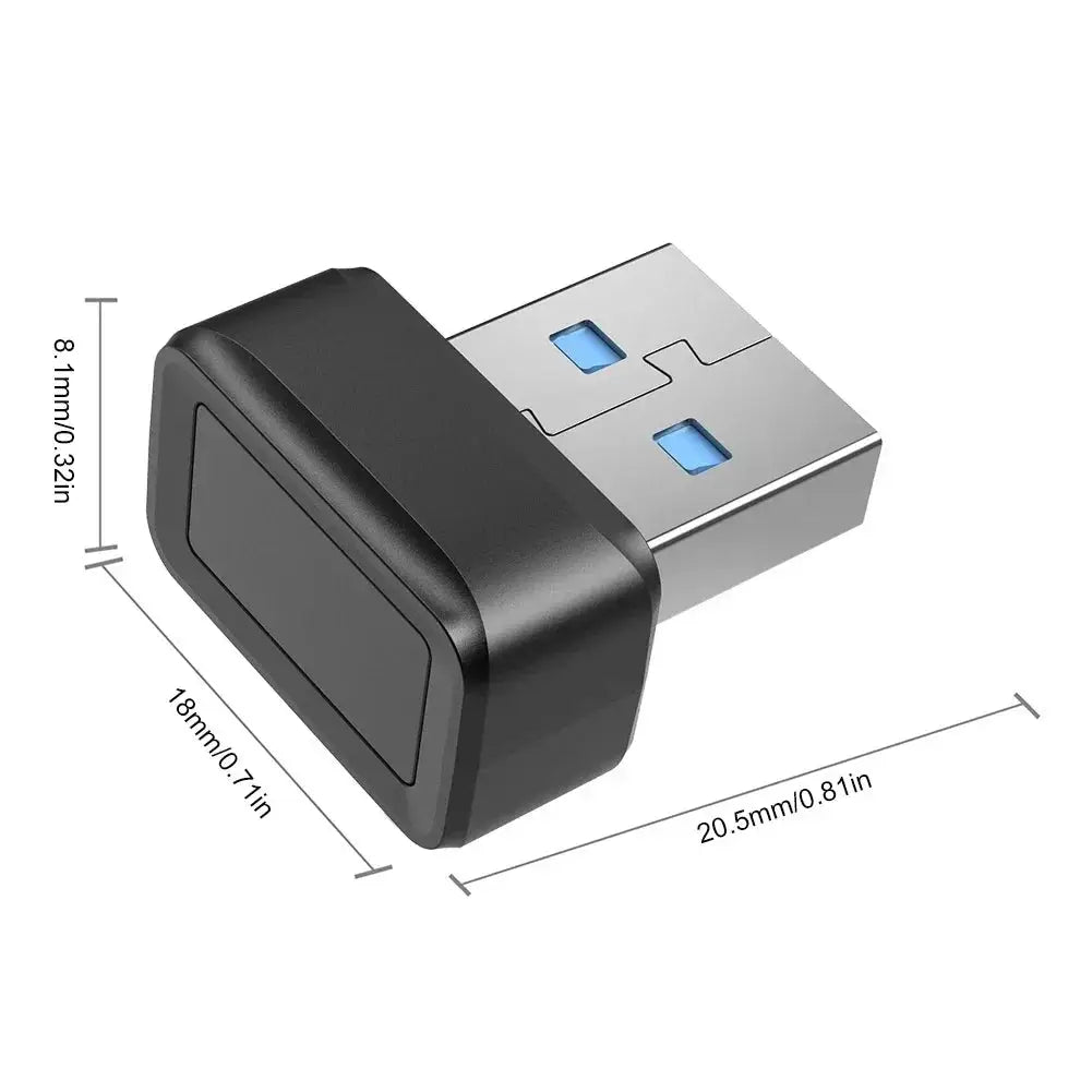 USB fingerprint key reader, black body with silver USB plug, compact biometric scanner