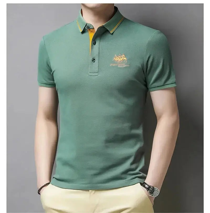 Men's green polo shirt with short sleeves, embroidered chest crest and yellow collar trim