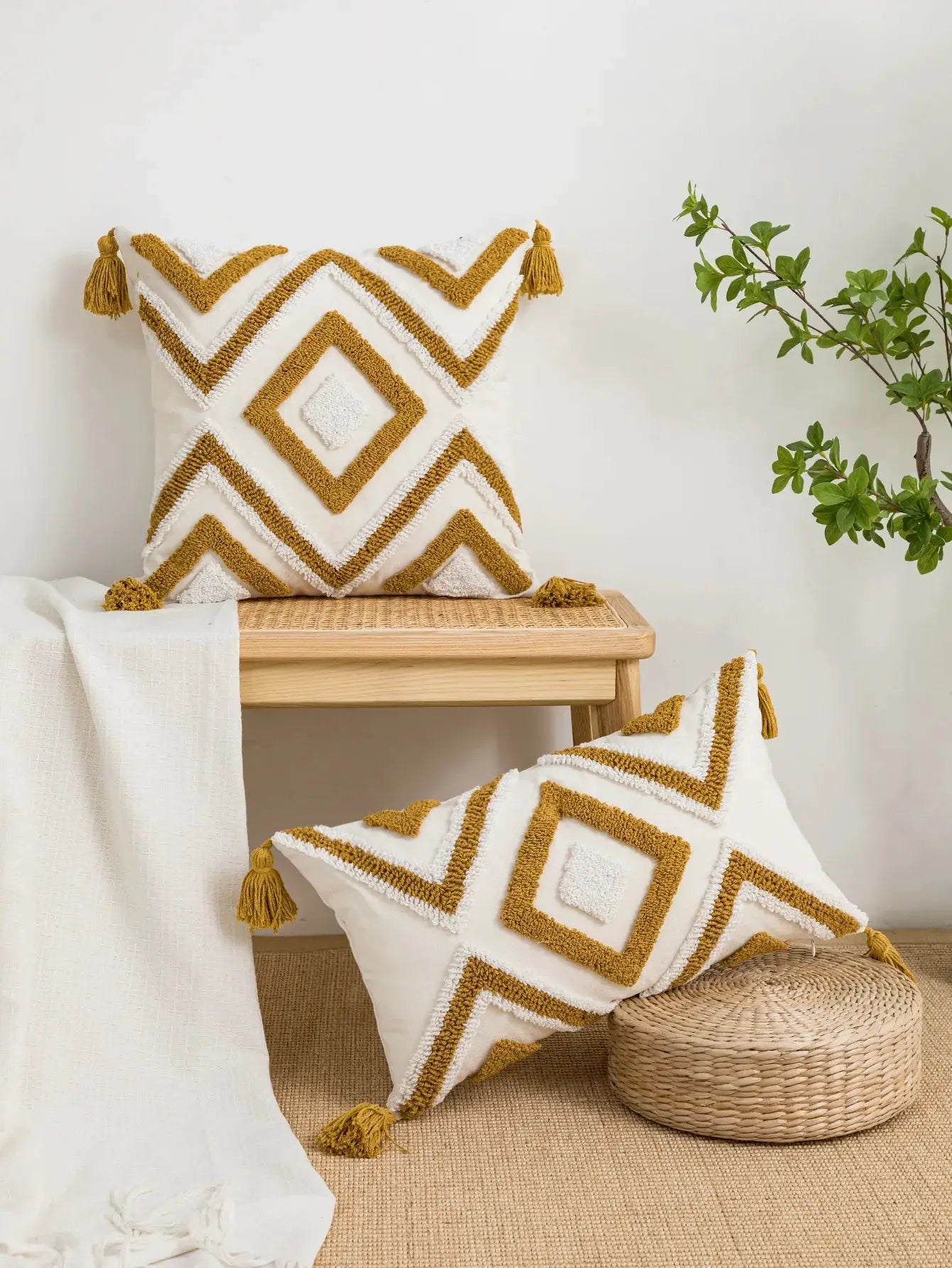 Pillow cover with yellow geometric diamond pattern on white cotton sail fabric; bohemian tassel corners, 1pc