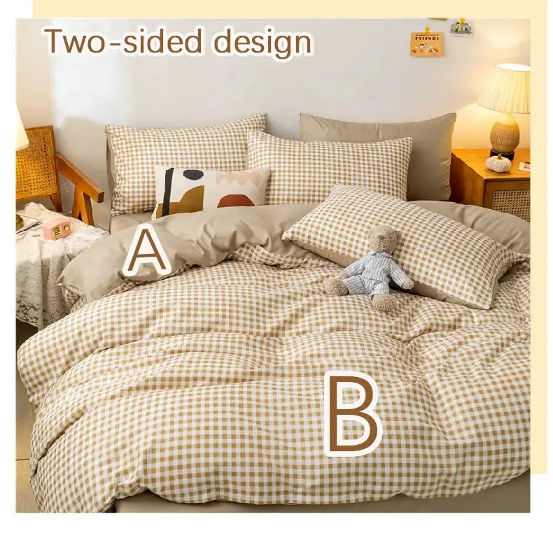 Kawaii bear bedding set with beige gingham duvet cover and pillowcases, two-sided A/B design by Simples Market