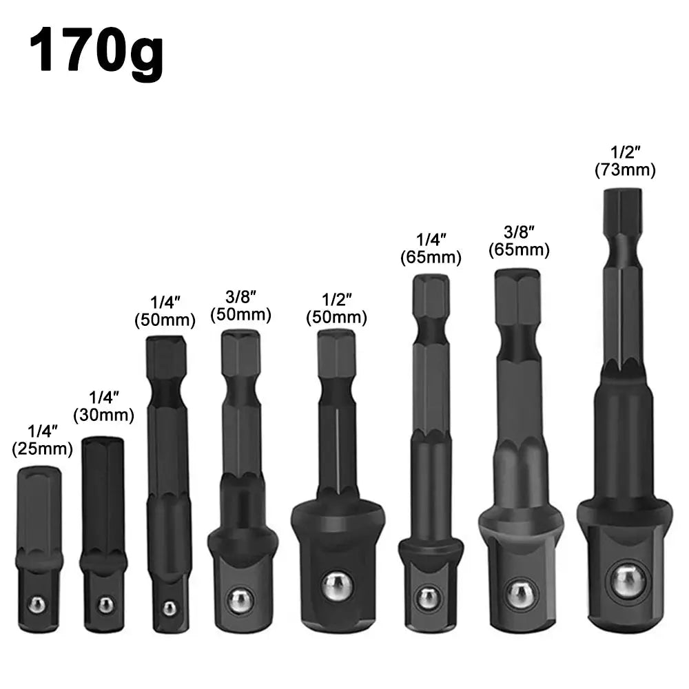 8 Piece Black Electric Screwdriver Set With Hex Handle Adapters And 3 Eighths Square Head And 1 Quarter Extension Rod