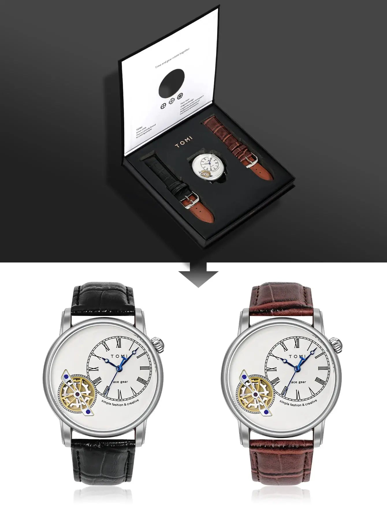 TOMI men's quartz watch set in gift box with two leather straps (black and brown)