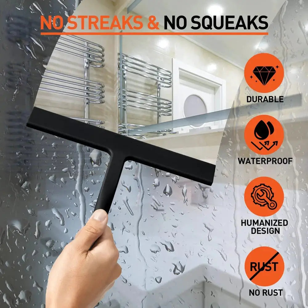 Matte Black Silicone Shower Squeegee for glass doors, mirrors, tiles, and car windows; streak-free cleaning