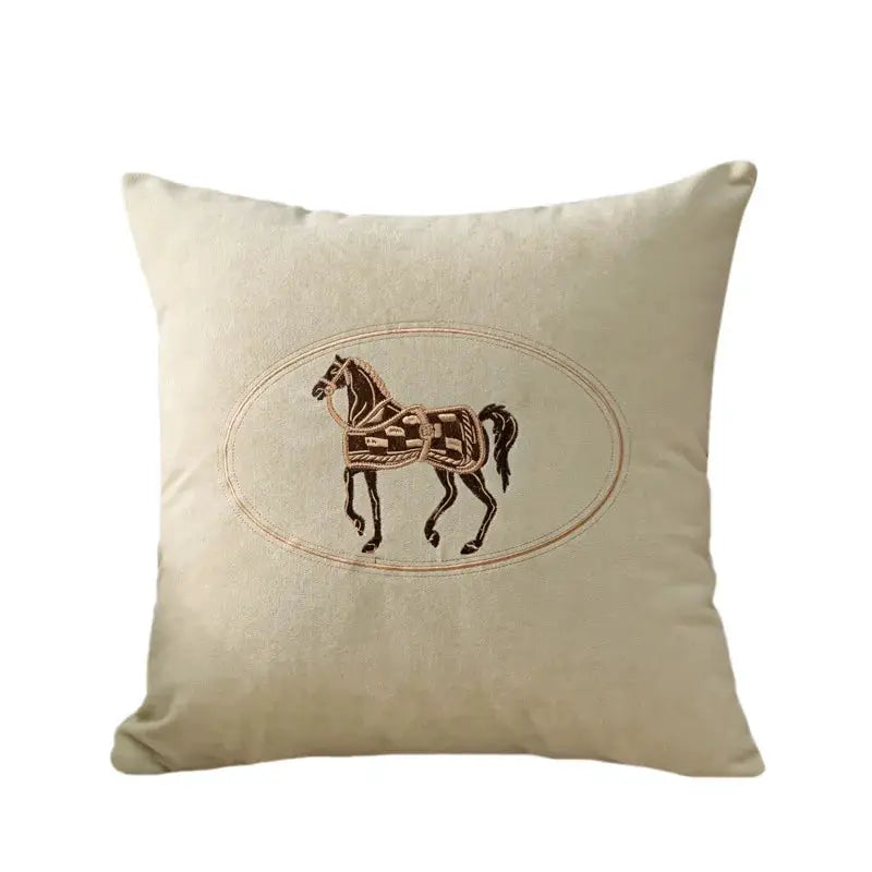 Horse-embroidered cushion cover by Simples Market, beige 45x45 cm with oval horse motif
