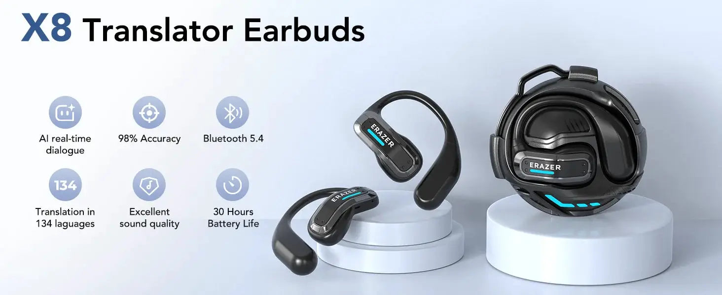ERAZER X8 translator earbuds and headset set, black with blue accents, Bluetooth 5.4, 3 items shown