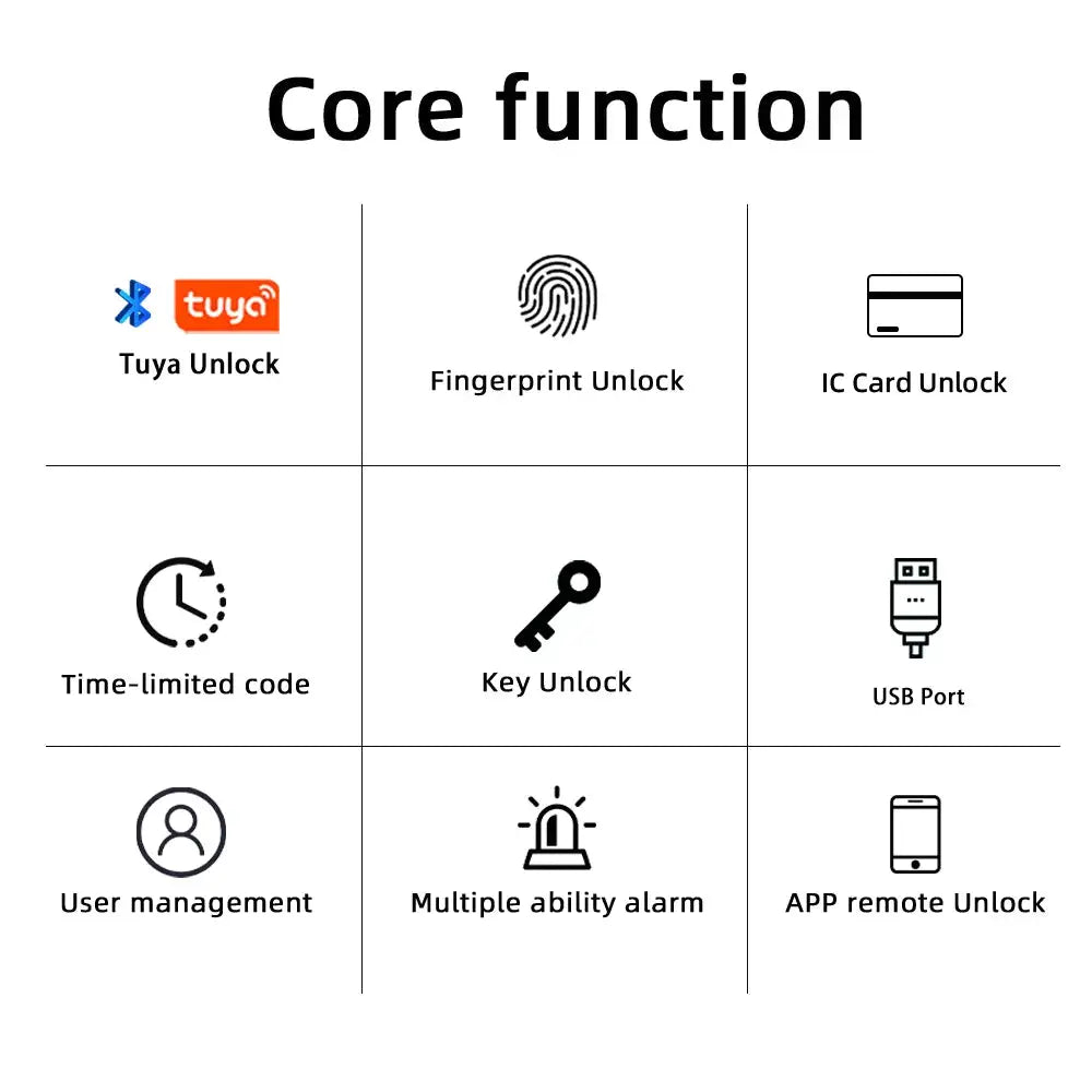 RAYKUBE M5 Tuya BLE fingerprint door lock core functions infographic: fingerprint, IC card, password, USB, app unlock