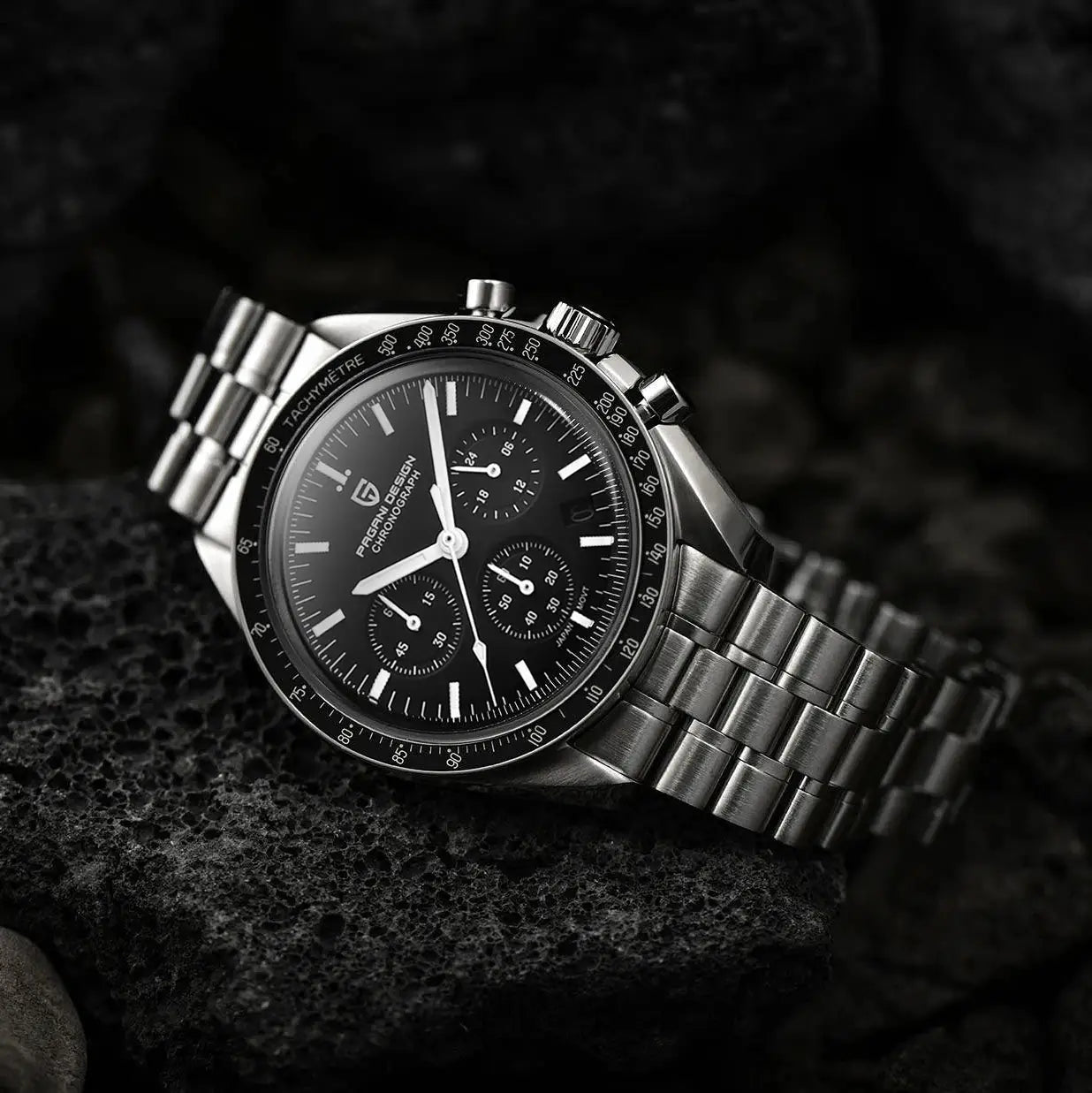 Pagani Design men's luxury chronograph quartz watch with stainless steel bracelet, black dial and tachymeter bezel.
