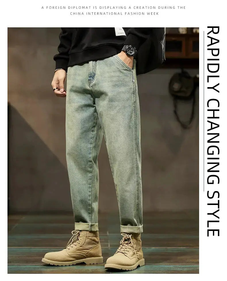 Men's light denim loose harem jeans by Simples Market, retro straight cargo style with rolled cuffs