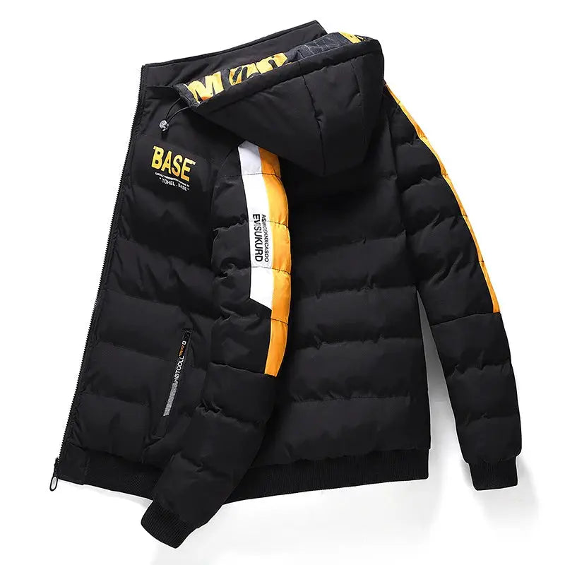 Men's black padded puffer jacket by BASE with orange stripe and hood