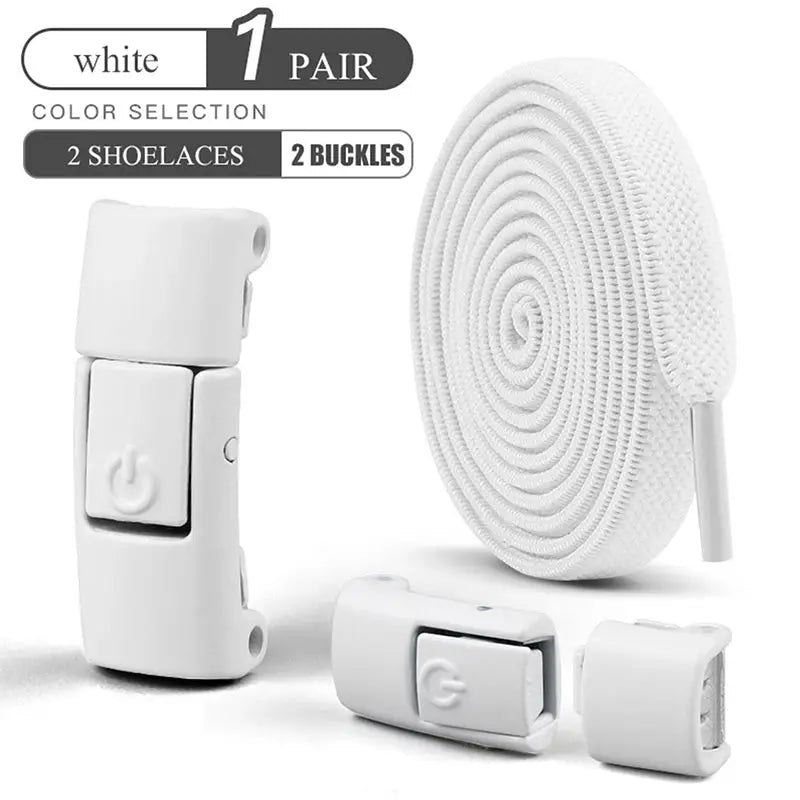 No-tie elastic shoelaces white 8mm with press-lock buckles, Simples Market, 1 pair